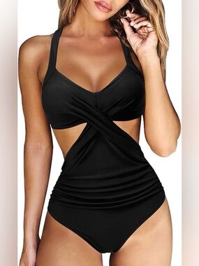Women Front Cross CutOut One Piece Swimsuit Tummy Control High Waisted